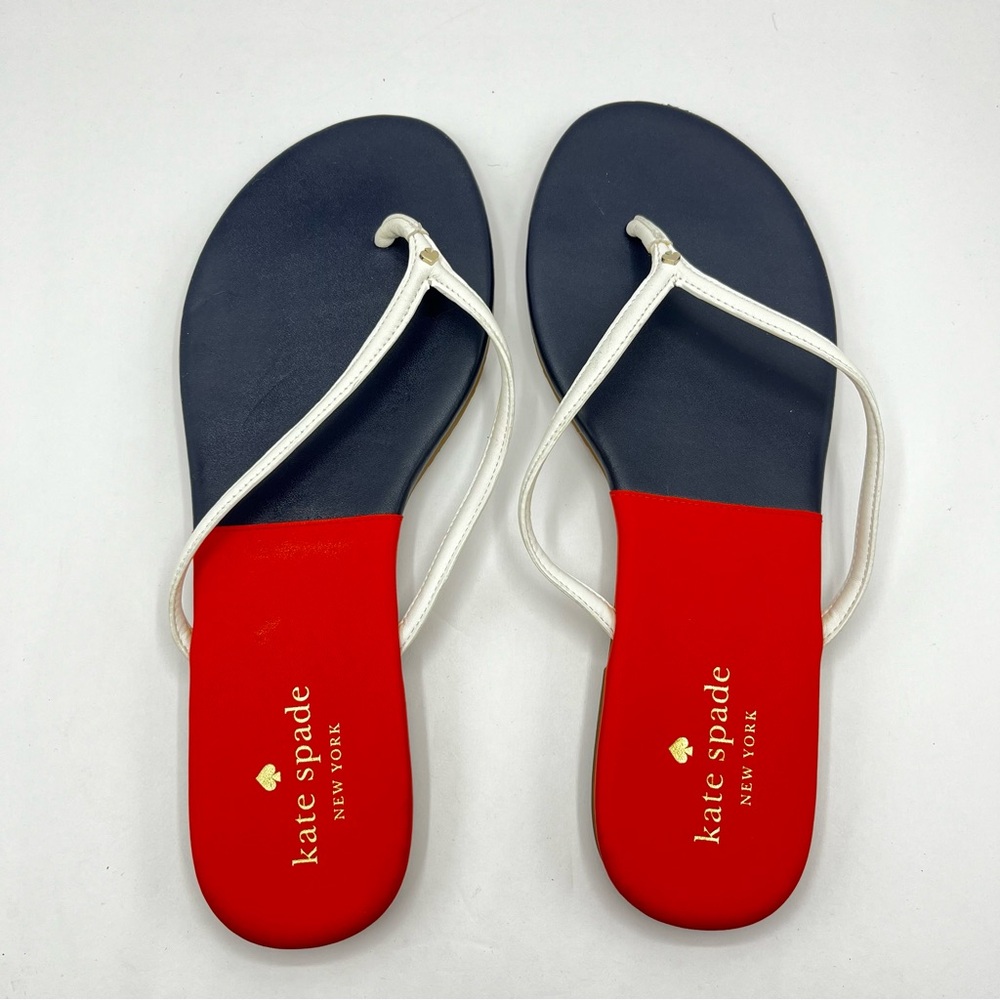 Kate Spade Women’s Size 9 Cabana Leather Orange/ Navy Blue Thong Sandals